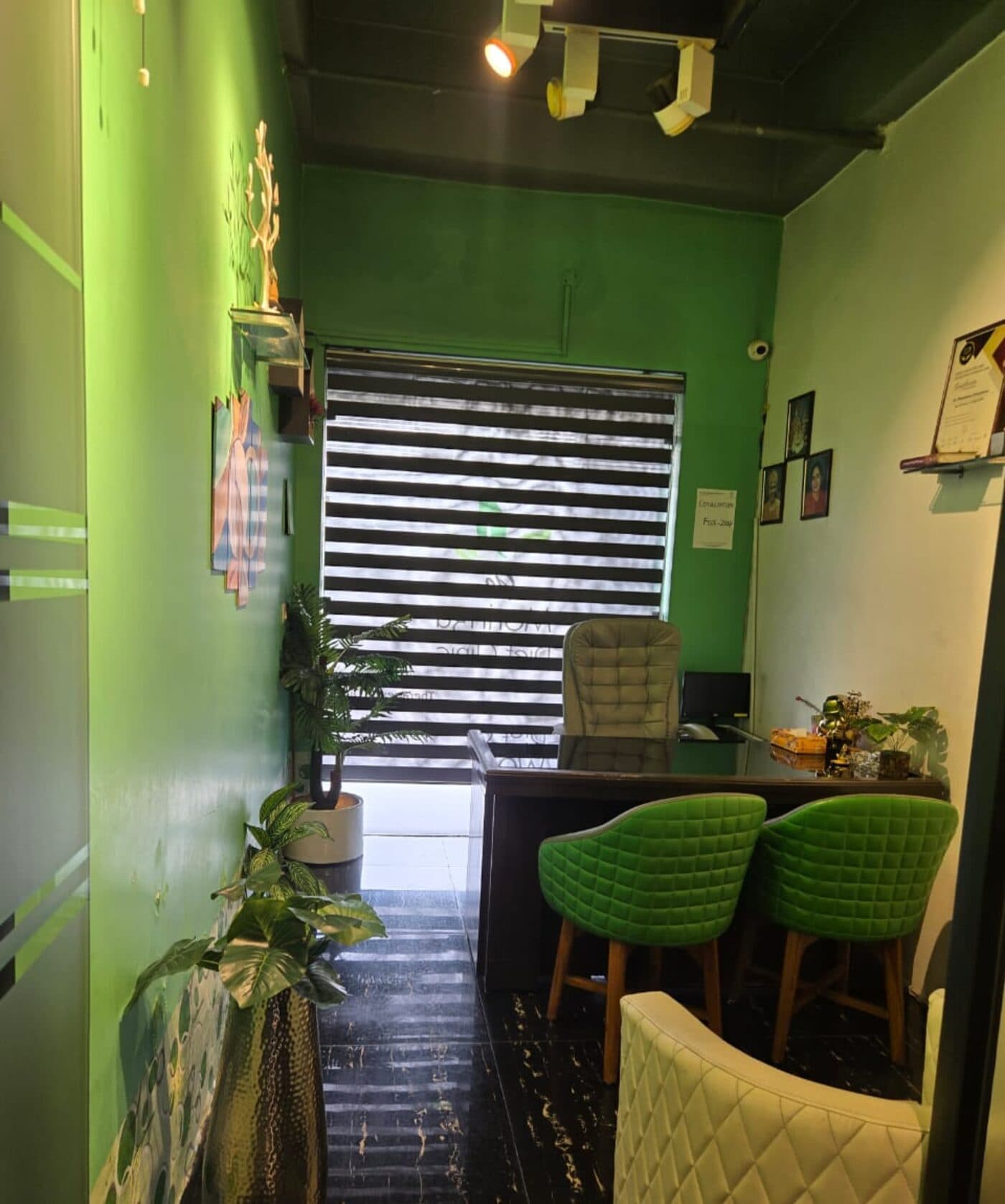 Main consultation room with green velvet chairs and natural light