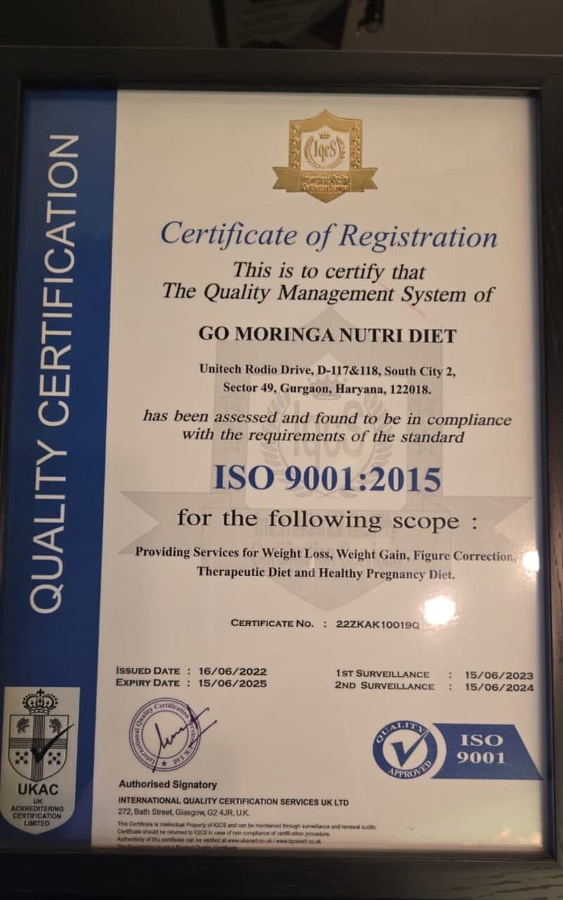 ISO 9001:2015 certificate of registration for Go Moringa Nutri Diet