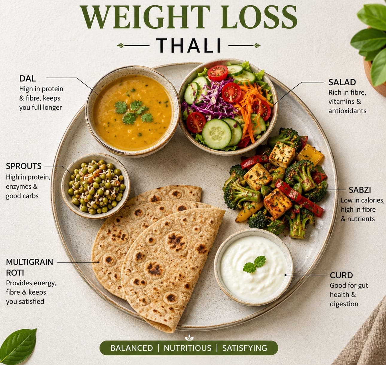 Go Moringa weight-loss thali — a balanced Indian plate: protein-rich dal, fibre-rich salad, sprouts, low-calorie sabzi, multigrain roti and gut-friendly curd, each component labelled